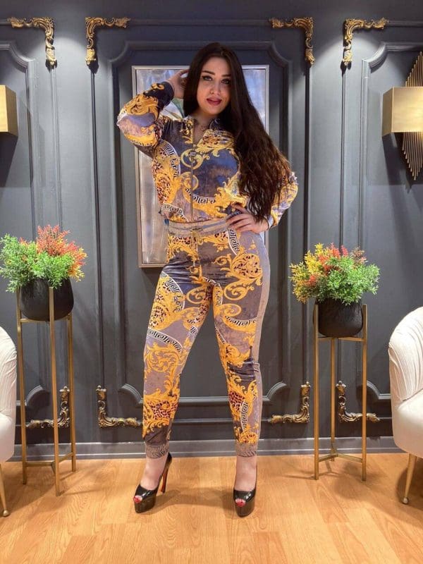 Women 2 PCs Smooth Velvet Outfit Set Front Zip Up Formal Wear Special Occasion Tracksuit (Size 3/46)