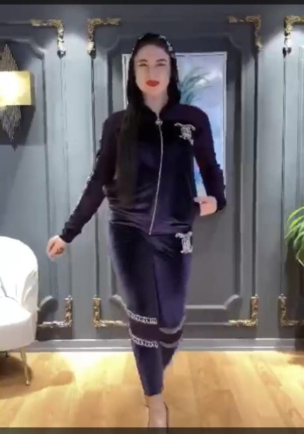 Women 2 PCs Soft Velvet Classy Outfit Set With Rhinestones Design & Hood Casual/Formal Wear Tracksuit - Image 2