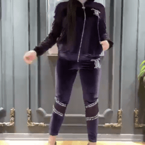 Women 2 PCs Soft Velvet Classy Outfit Set With Rhinestones Design & Hood Casual/Formal Wear Tracksuit