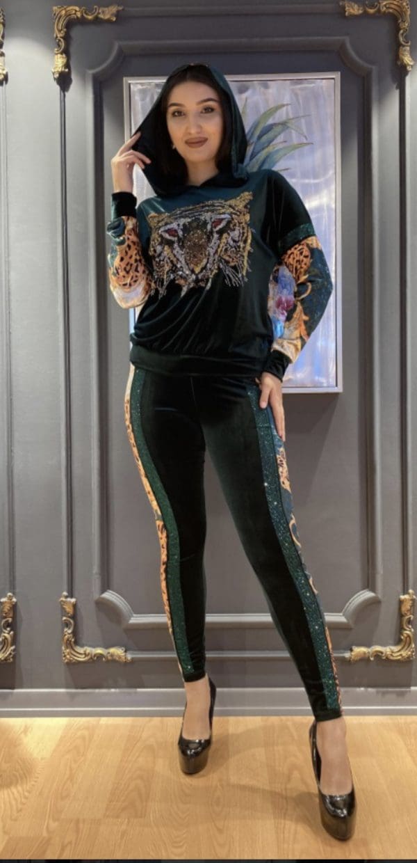 Jazzline Women 2 PCs Rhinestones Tiger Head Design Smooth Velvet Outfit Set Formal Wear Tracksuit With Hood Long Sleeve-Green (Sz 46) - Image 3