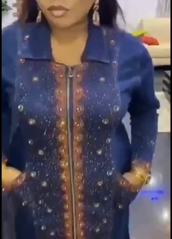Women 1 PC Denim Blue Jean Dress With Front Glittering Stones Design Front Zip Up & Two Front Pockets Causal/Formal Wear Size 58 - Image 7