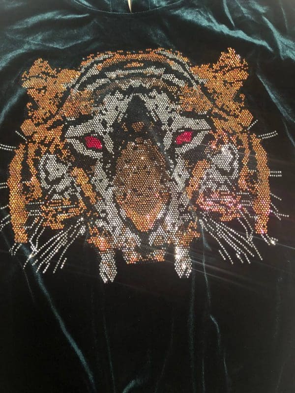 Jazzline Women 2 PCs Rhinestones Tiger Head Design Smooth Velvet Outfit Set Formal Wear Tracksuit With Hood Long Sleeve-Green (Sz 46) - Image 6