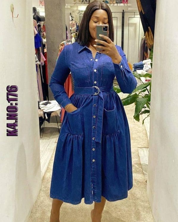 Women Denim Long Sleeve Maxi Jeans Dress With Belt Front Button Down & Pockets Casual/Formal Wear (Size 48)