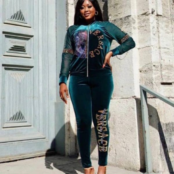 Women 2 PCs Outfit Set Soft Velvet Formal/Casual Wear Tracksuit With Bold Design Green & Wine - Image 3