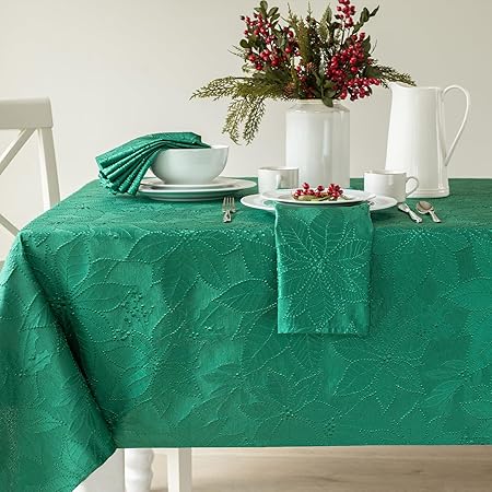 Benson Mills Poinsettia Palace Damask Fabric Table Cloth, Holiday, Winter, and Christmas Tablecloth (Poinsettia Palace Green, 60" X 120" Rectangular)