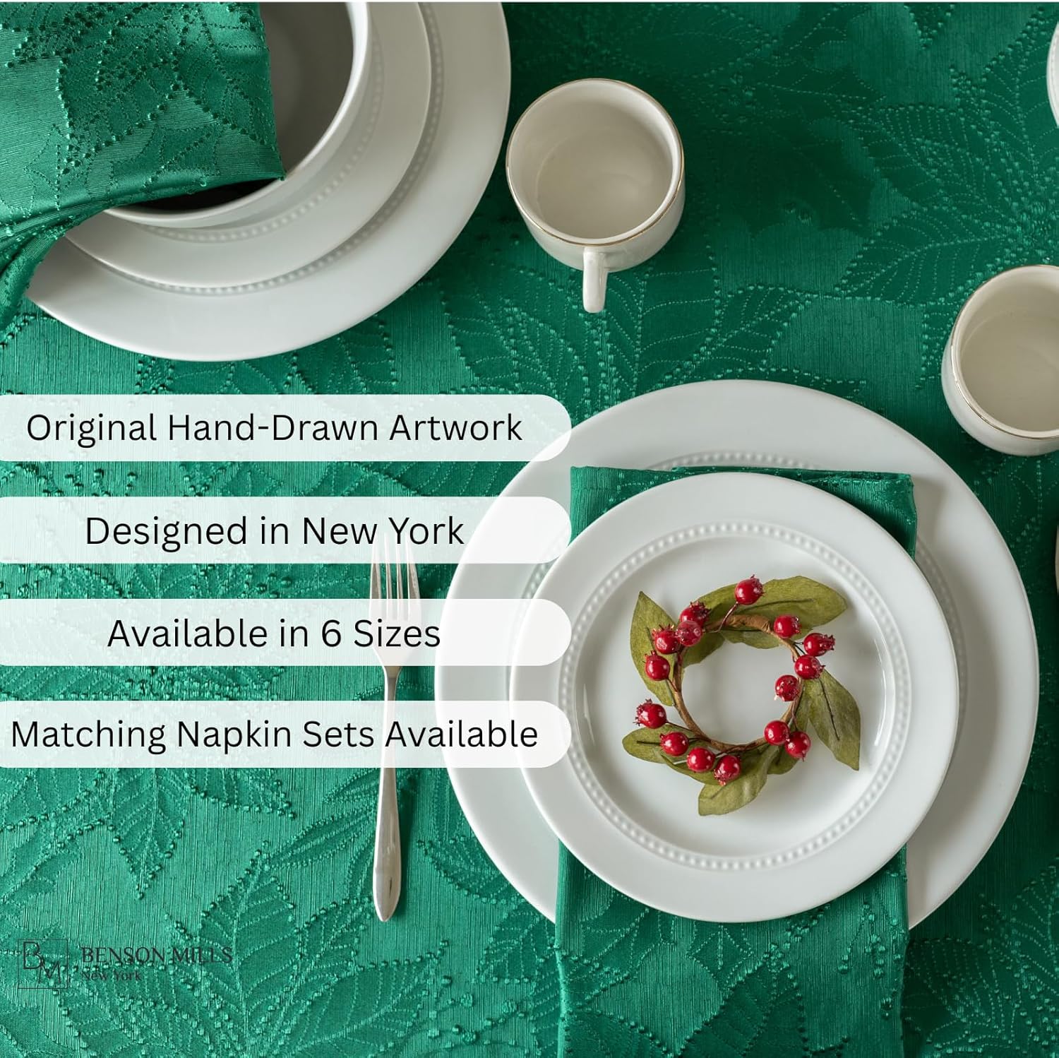 Benson Mills Poinsettia Palace Damask Fabric Table Cloth, Holiday, Winter, and Christmas Tablecloth (Poinsettia Palace Green, 60" X 120" Rectangular) - Image 3