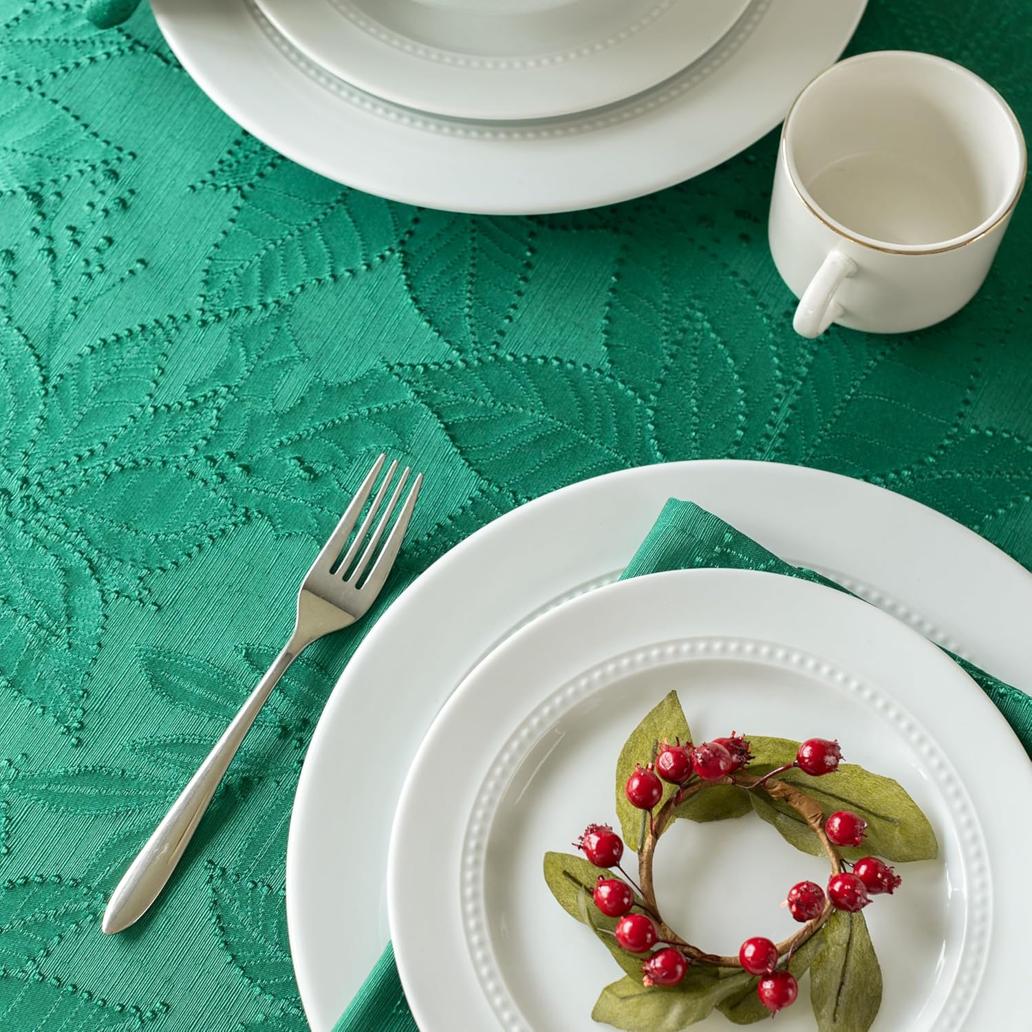 Benson Mills Poinsettia Palace Damask Fabric Table Cloth, Holiday, Winter, and Christmas Tablecloth (Poinsettia Palace Green, 60" X 120" Rectangular) - Image 5