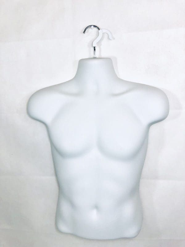 Male Half Plastic Display Mannequin With Swivel Hook For Stand Or Wall Hanging & Hollow Back-White