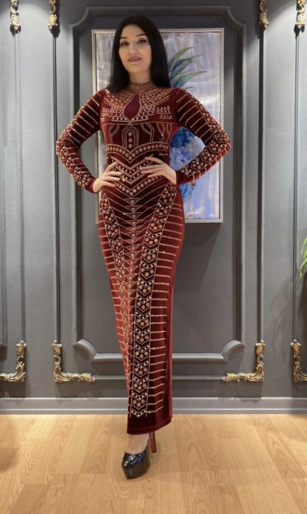 Elegant Women Cleopatra Fitted Body-con Design Maxi Long Dress Luxurious Soft Velvet With Long Sleeve-Wine