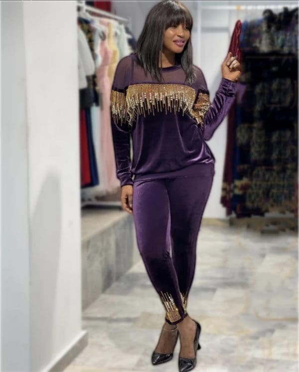 2 PCs Women Long Sleeve Classy Sexy Outfit Set Soft Velvet Beaded Diamond Tassel Tracksuit Wine - Image 6