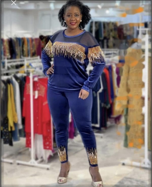2 PCs Women Long Sleeve Classy Sexy Outfit Set Soft Velvet Beaded Diamond Tassel Tracksuit Wine - Image 4