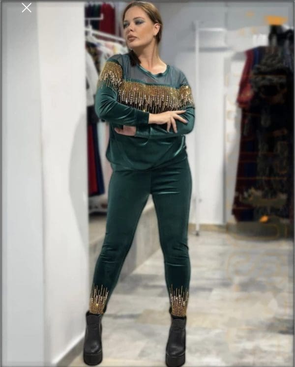 2 PCs Women Long Sleeve Classy Sexy Outfit Set Soft Velvet Beaded Diamond Tassel Tracksuit Wine - Image 3