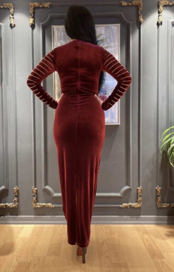 Elegant Women Cleopatra Fitted Body-con Design Maxi Long Dress Luxurious Soft Velvet With Long Sleeve-Wine - Image 3