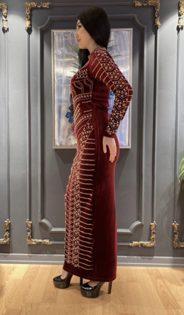 Elegant Women Cleopatra Fitted Body-con Design Maxi Long Dress Luxurious Soft Velvet With Long Sleeve-Wine - Image 2