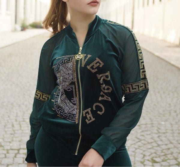 Women 2 PCs Outfit Set Soft Velvet Formal/Casual Wear Tracksuit With Bold Design Green & Wine - Image 14