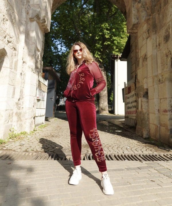 Women 2 PCs Outfit Set Soft Velvet Formal/Casual Wear Tracksuit With Bold Design Green & Wine - Image 10