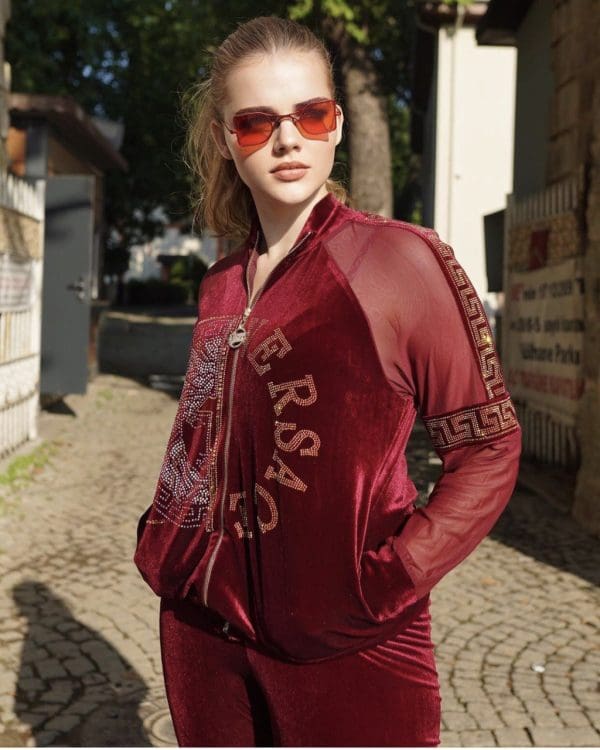 Women 2 PCs Outfit Set Soft Velvet Formal/Casual Wear Tracksuit With Bold Design Green & Wine - Image 9