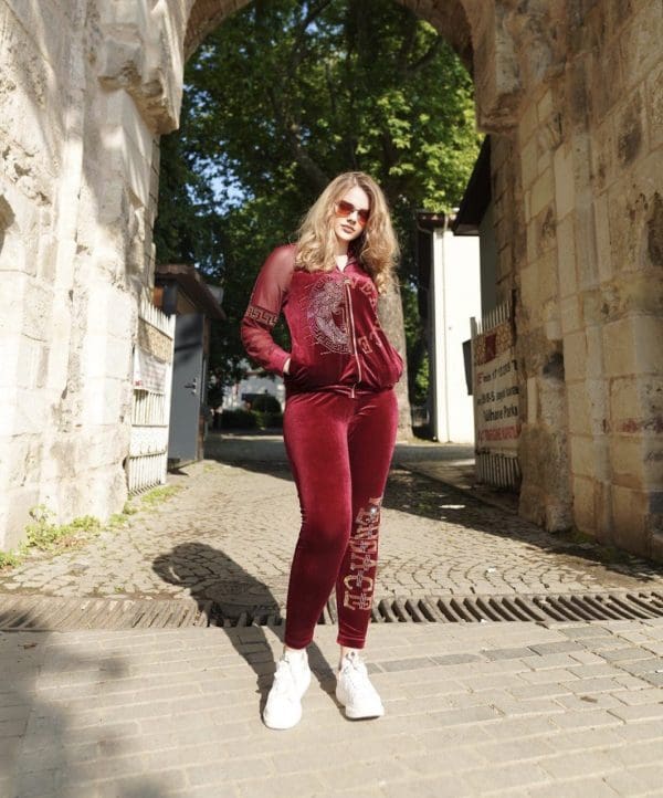 Women 2 PCs Outfit Set Soft Velvet Formal/Casual Wear Tracksuit With Bold Design Green & Wine - Image 8