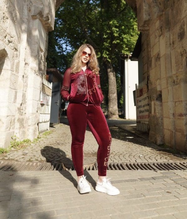 Women 2 PCs Outfit Set Soft Velvet Formal/Casual Wear Tracksuit With Bold Design Green & Wine - Image 12