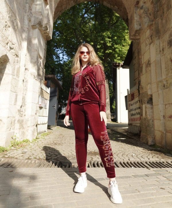 Women 2 PCs Outfit Set Soft Velvet Formal/Casual Wear Tracksuit With Bold Design Green & Wine - Image 7