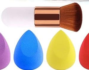 4+1Pcs Makeup Sponges with Powder Brush, Foundation Blending Sponge for Liquid Cream and Powder, Professional Beauty Sponge Blender & Kabuki Brush