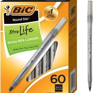BIC Round Stic Xtra Life Ballpoint Pens, Medium Point (1.0mm), Black, 60-Count Pack, Flexible Round Barrel For Writing Comfort (GSM609-BLK)