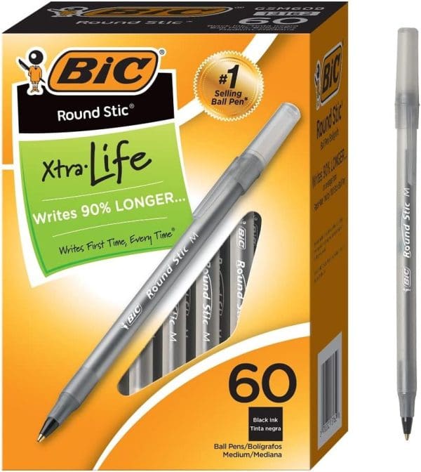 BIC Round Stic Xtra Life Ballpoint Pens, Medium Point (1.0mm), Black, 60-Count Pack, Flexible Round Barrel For Writing Comfort (GSM609-BLK)