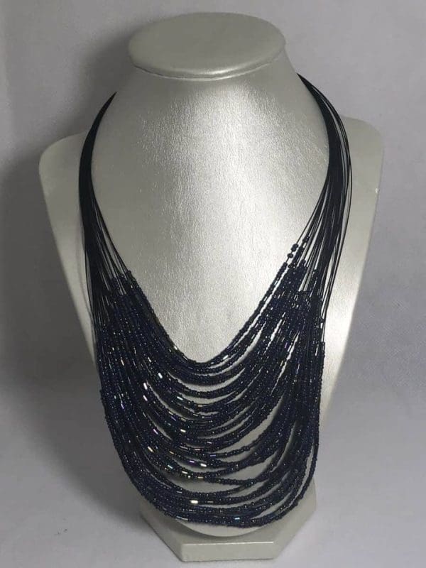 Brand New Women Multi-Strand Glass Tube Beaded Necklace With Earring Set - Dark Navy Blue - Image 2