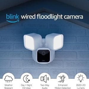 Blink Wired Floodlight Camera – Smart security camera, 2600 lumens, HD live view, enhanced motion detection, built-in siren, Works with Alexa – 1 Pack