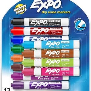 Expo Low Odor Dry Erase Markers, Chisel Tip, Assorted Colors, 12 Count