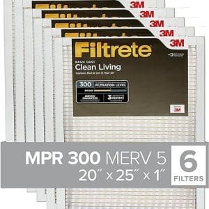 Filtrete 20x25x1 Air Filter, MPR 300, MERV 5, Clean Living Basic Dust 3-Month Pleated 1-Inch Air Filters, 6 Filters
