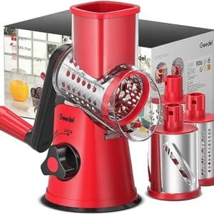 Rotary Cheese Grater, Kitchen Mandoline Vegetable Slicer with 3 Interchangeable Blades, Easy to Clean Grater for Fruit, Vegetables, Nuts
