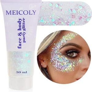 MEICOLY Clear White Body Glitter,Singer Concerts Music Festival Rave Accessories,Mermaid Face Glitter Gel,Sequins Glitter Face Paint,Chunky Hair...