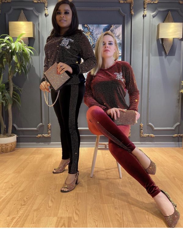 Women Long Sleeve Classy Elegant Sexy Outfit Set Soft Velvet With Shiny Rhinestones Formal Wear Tracksuit Black - Image 3