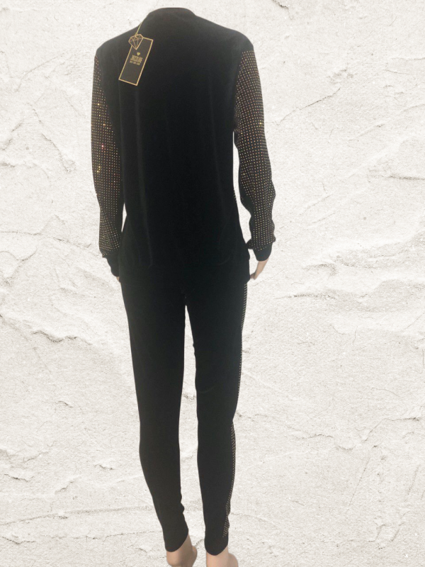 Women Long Sleeve Classy Elegant Sexy Outfit Set Soft Velvet With Shiny Rhinestones Formal Wear Tracksuit Black - Image 6