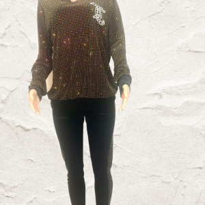 Women Long Sleeve Classy Elegant Sexy Outfit Set Soft Velvet With Shiny Rhinestones Formal Wear Tracksuit Black