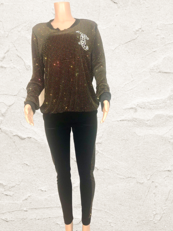Women Long Sleeve Classy Elegant Sexy Outfit Set Soft Velvet With Shiny Rhinestones Formal Wear Tracksuit Black