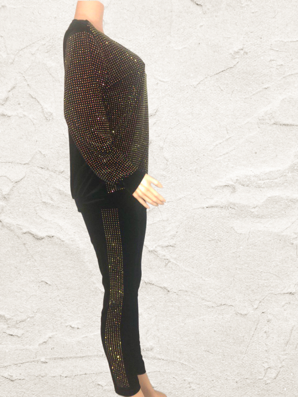 Women Long Sleeve Classy Elegant Sexy Outfit Set Soft Velvet With Shiny Rhinestones Formal Wear Tracksuit Black - Image 5