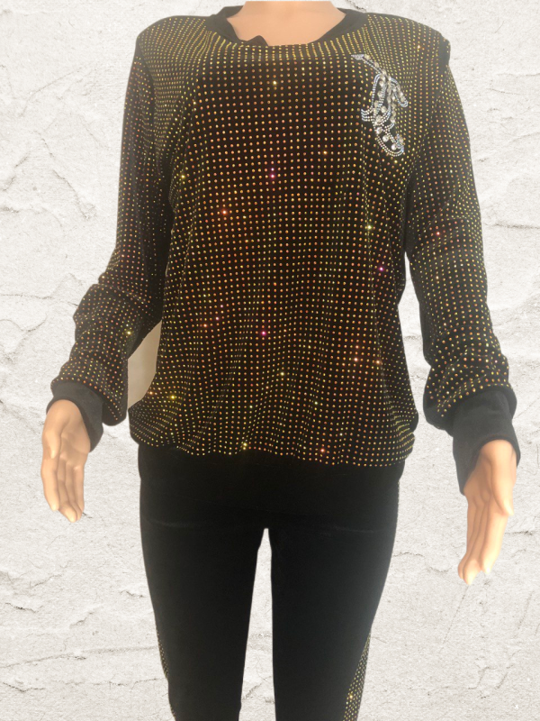 Women Long Sleeve Classy Elegant Sexy Outfit Set Soft Velvet With Shiny Rhinestones Formal Wear Tracksuit Black - Image 4
