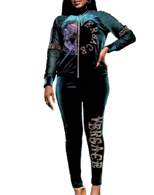 Women 2 PCs Outfit Set Soft Velvet Formal/Casual Wear Tracksuit With Bold Design Green & Wine