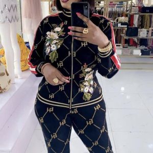 Ladies 2 PCs Front Zipper Tracksuit Long Sleeve Casual Classy Wear Mid Waist Pant Outfit Set-Black (Size 46)