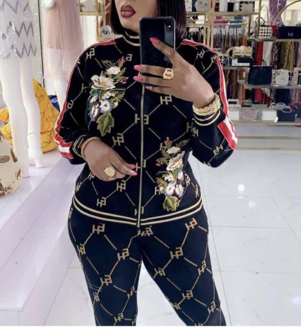 Ladies 2 PCs Front Zipper Tracksuit Long Sleeve Casual Classy Wear Mid Waist Pant Outfit Set-Black (Size 46)