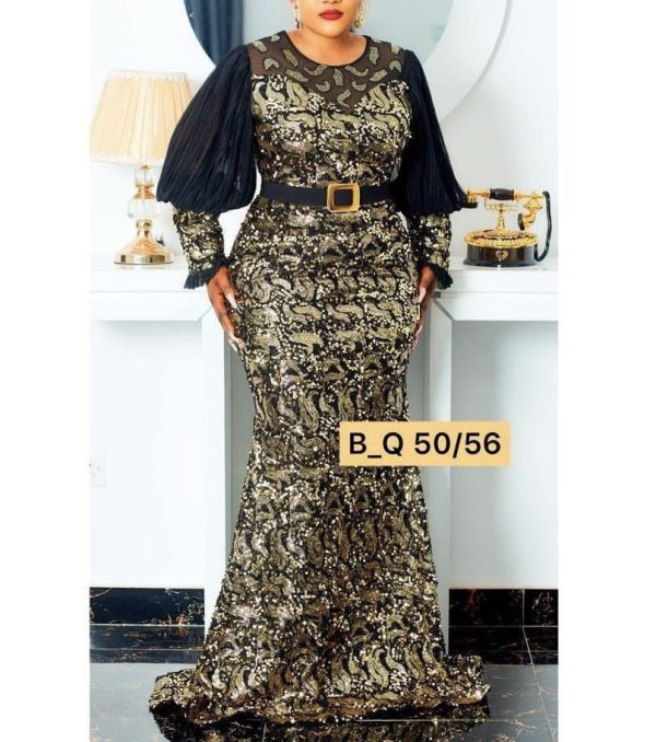 Women Gold Elegant Maxi Dress Sequin Design Special Occasion, Wedding, Party Formal Wear-Gold (Size 56)