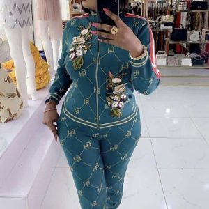 Ladies 2 PCs Front Zipper Tracksuit Long Sleeve Casual Classy Wear Mid Waist Pant Outfit Set-Green