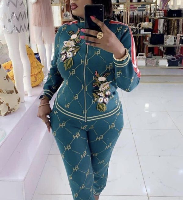 Ladies 2 PCs Front Zipper Tracksuit Long Sleeve Casual Classy Wear Mid Waist Pant Outfit Set-Green