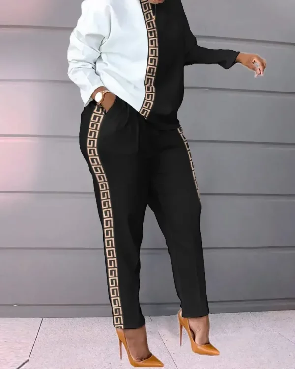 Women Color Block Geometric Trim Long Sleeve Tracksuit Top & Pant Outfit Set Classy Casual Wear Sweatpants - Image 2