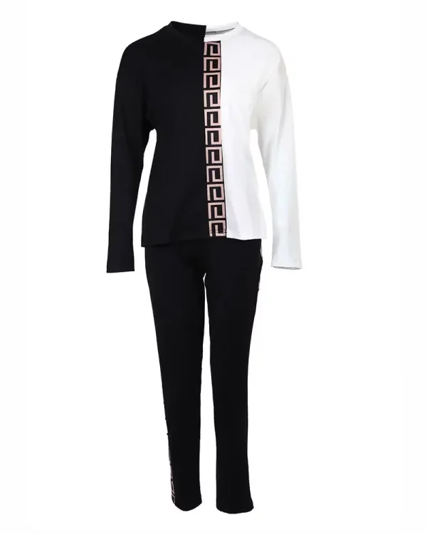 Women Color Block Geometric Trim Long Sleeve Tracksuit Top & Pant Outfit Set Classy Casual Wear Sweatpants - Image 3