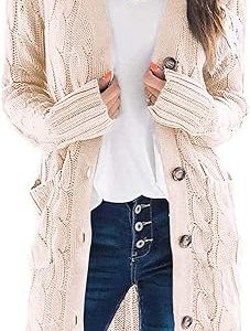 Long Sleeve Cable Knit Long Cardigan for Women 2023 Fall Winter Chunky Open Front Button Sweaters with Pockets Large (Off White)