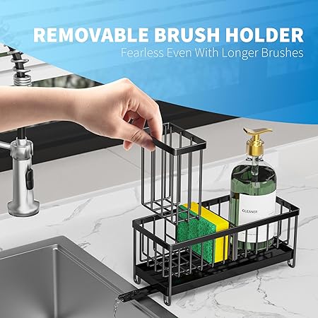 Cisily Black Sponge Holder for Kitchen Sink, Sink Caddy Organizer with High Brush Holder, Kitchen Countertop Organizers and Storage Essentials, Rustproof 304 Stainless Steel, Soap Dispenser Organize - Image 2