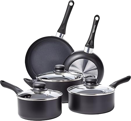 Basics Non Stick Kitchen Cookware 8-Piece Set, Non-Induction, Includes Pots and Pans, Black